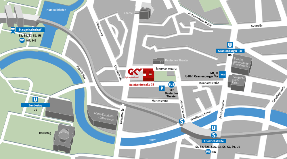 Ausschnitt des Berliner Stadtplans; zeigt, wo der GKV-Spitzenverband liegt
