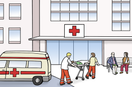 Zeichung einer Notaufnahme eines Krankenhauses von außen, Rettungswagen davor, Verletzter wird auf Trage eingeliefert